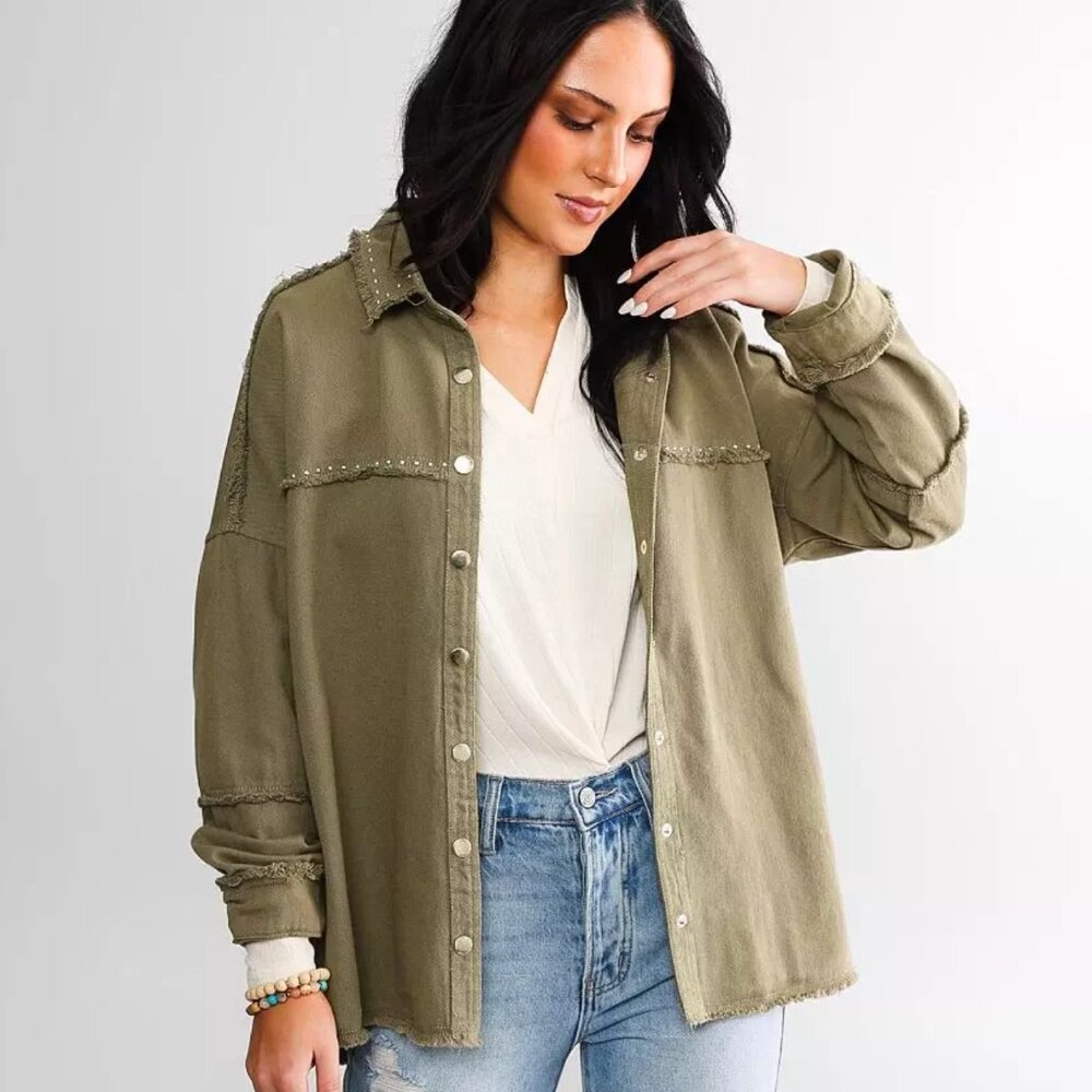 Buckle Olive Green Oversized Button-Front Jacket